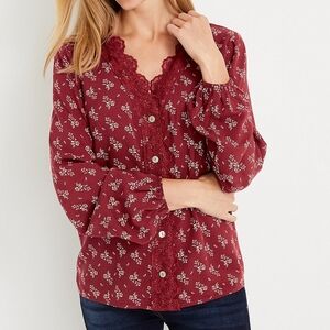 Maurices Burgundy Floral Top with Lace Detail